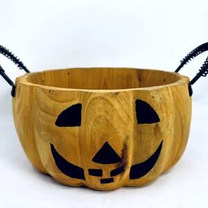 Halloween Seasonal Decor Wooden Pumpkin Jack O Lantern Rustic Basket Spooky Bowl